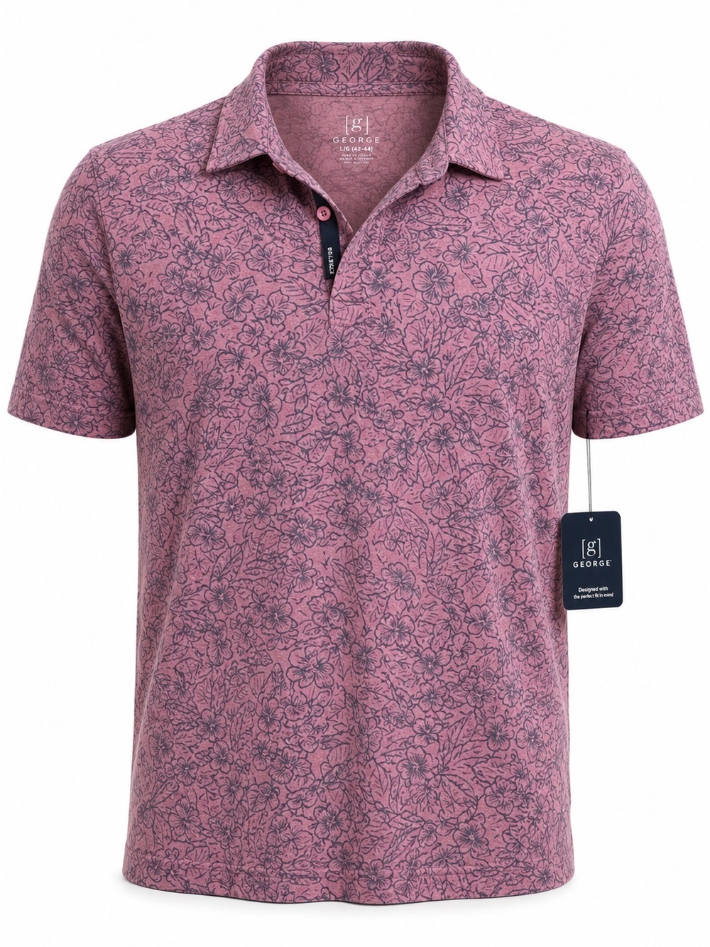 George Mens XL Floral Polo Shirt Mauve Pink Hibiscus Tropical Short Sleeve Poly